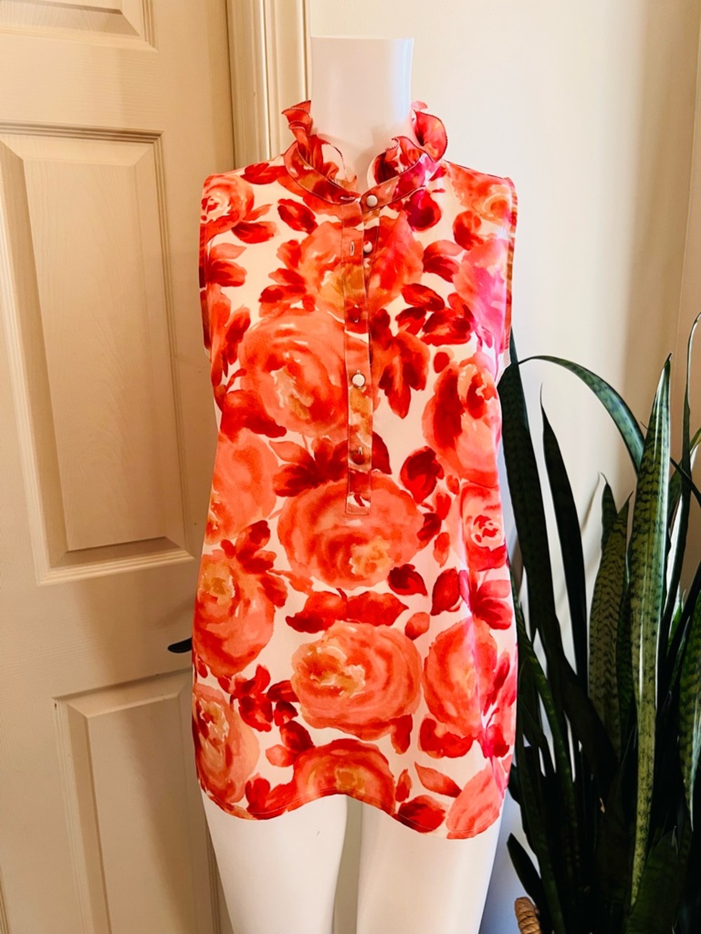 Floral Sleeveless Top Size Small Orange Red Print Blouse Summer Tank Womens